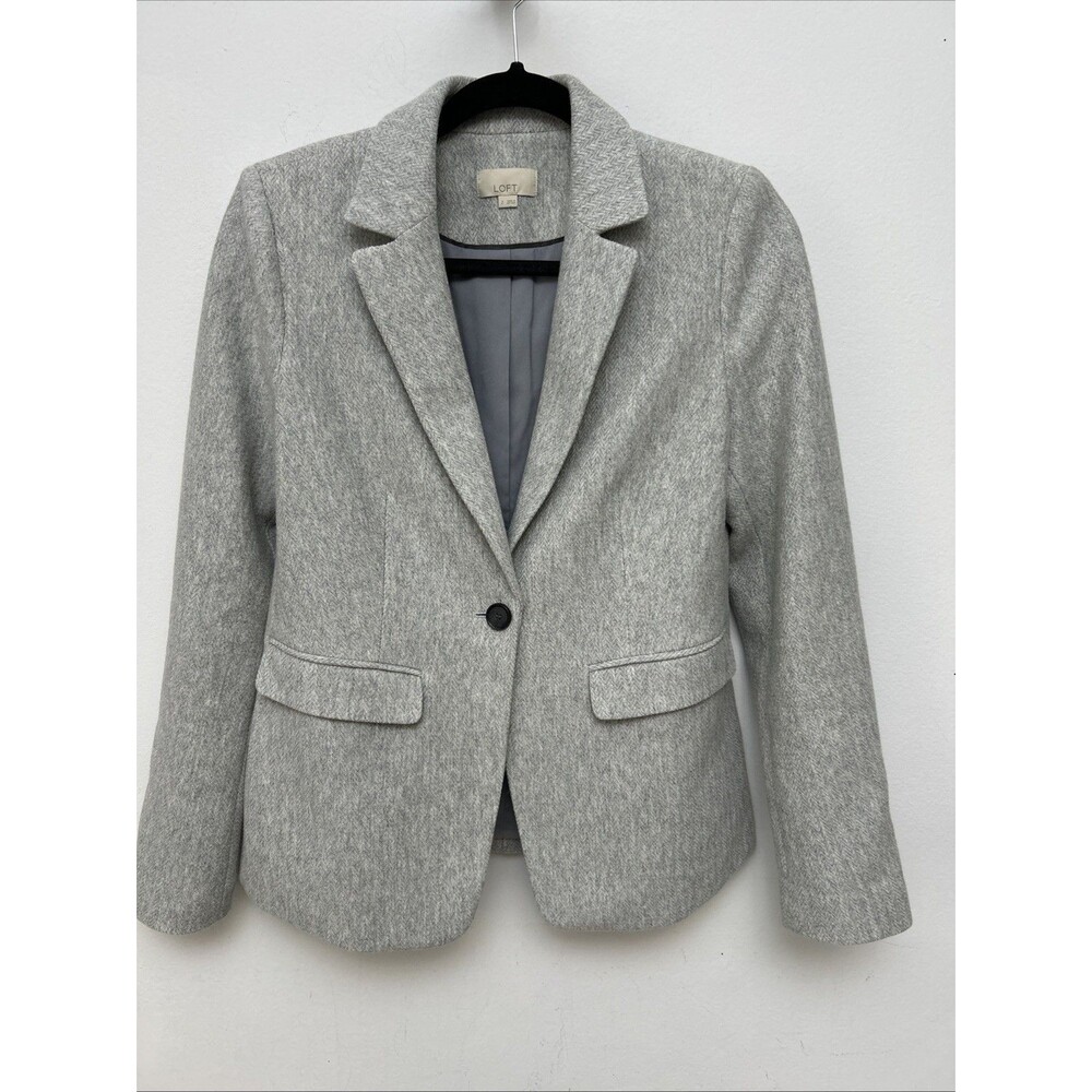 Loft Grey Herringbone Jacket Blazer, Elbow Patch, Ann Taylor, Woman’s Size 2